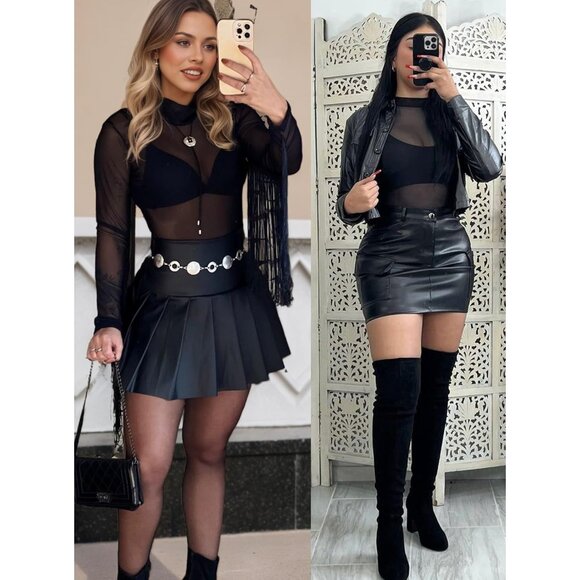 Women Black Long Sleeve Mock Neck Fitted Sexy See Through Going Out Mesh Tops - Picture 4 of 6